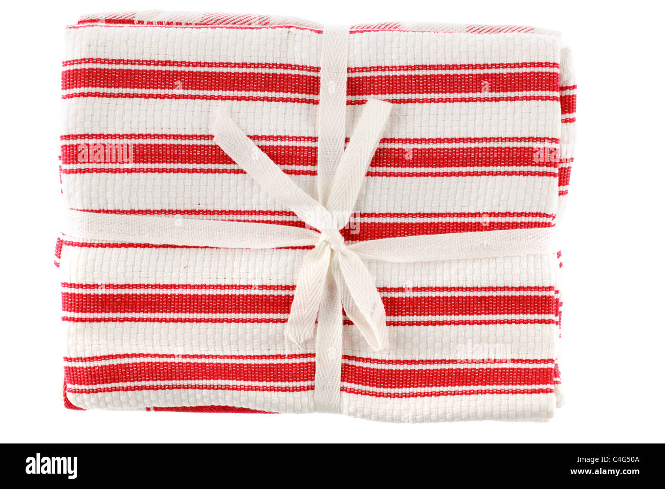Bow Band um einen Haufen von rot-weiß gestreiften Geschirrtücher Stockfoto