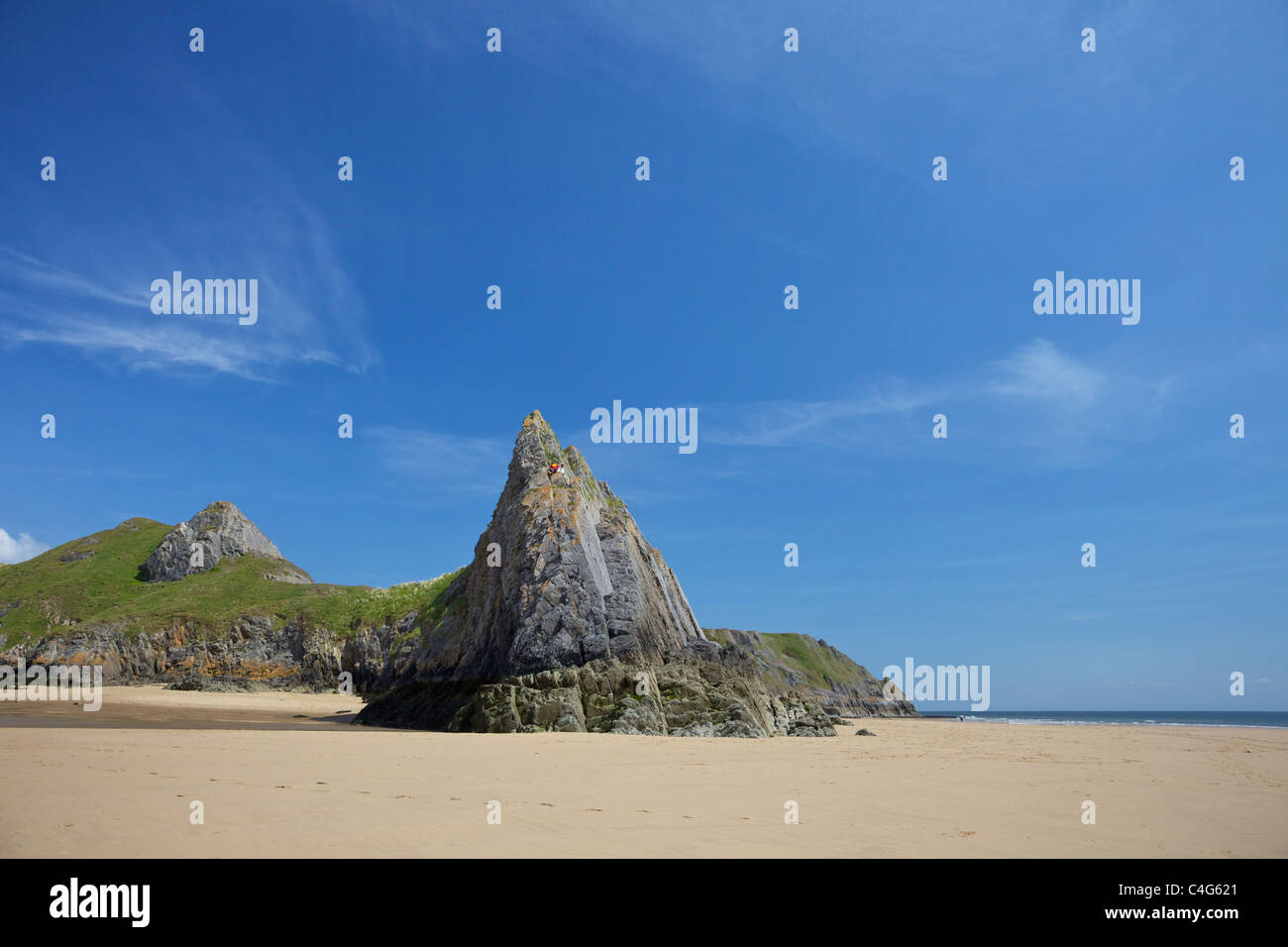 Drei Cliffs Beach in Frühlingssonne Gower Halbinsel Wales Cymru GB UK British Isles Stockfoto