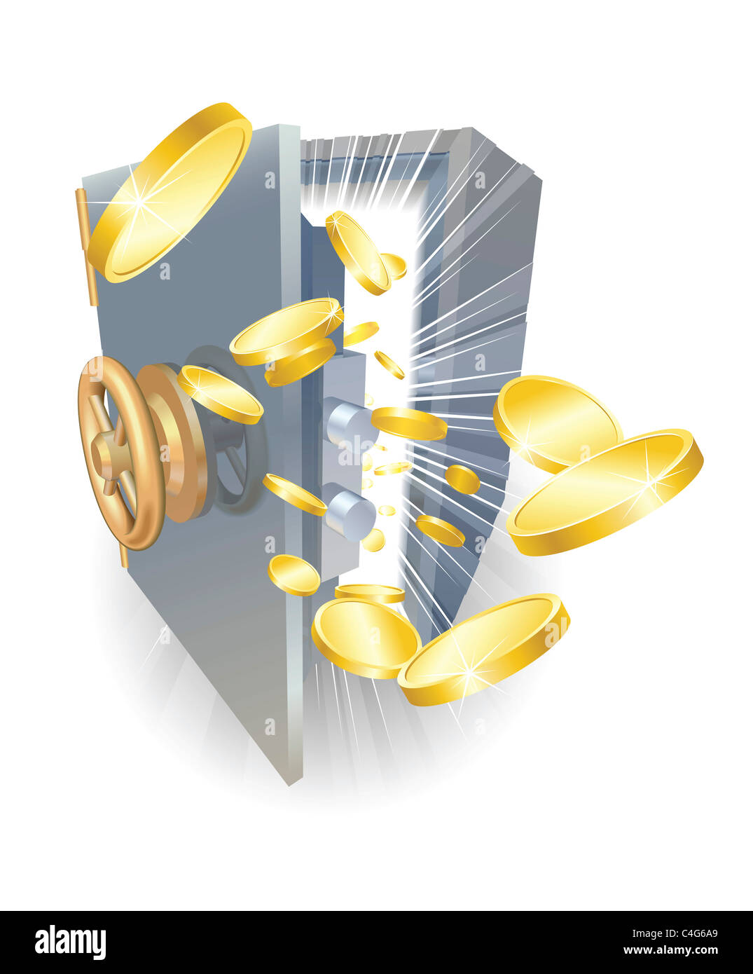 Abbildung eines sicheren mit Goldmünzen fliegen aus Stockfoto