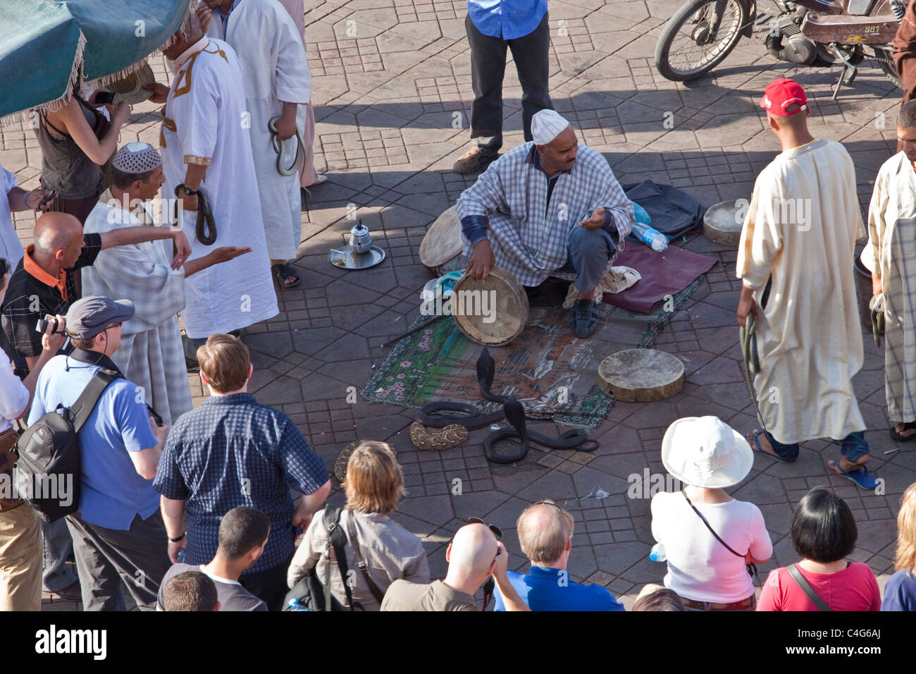 Schlangenbeschwörer, Djemaa al Fna Platz in Marrakesch, Marokko Stockfoto