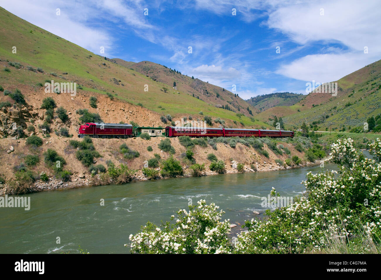 Die Thunder Mountain Linie malerischen touristischen Zug reisen entlang der Payette River zwischen Horseshoe Bend und Banken, Idaho, USA. Stockfoto