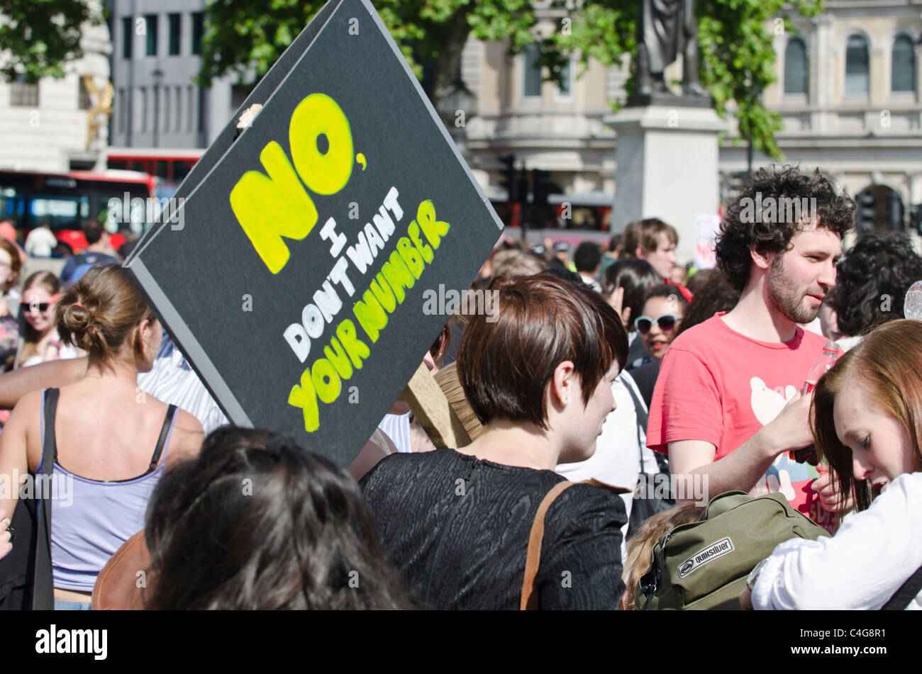 "Nein ich will nicht Ihre Nummer" Plakat "Slutwalk" Protest gegen die Vergewaltigung 2011 Trafalgar Square in London. Stockfoto