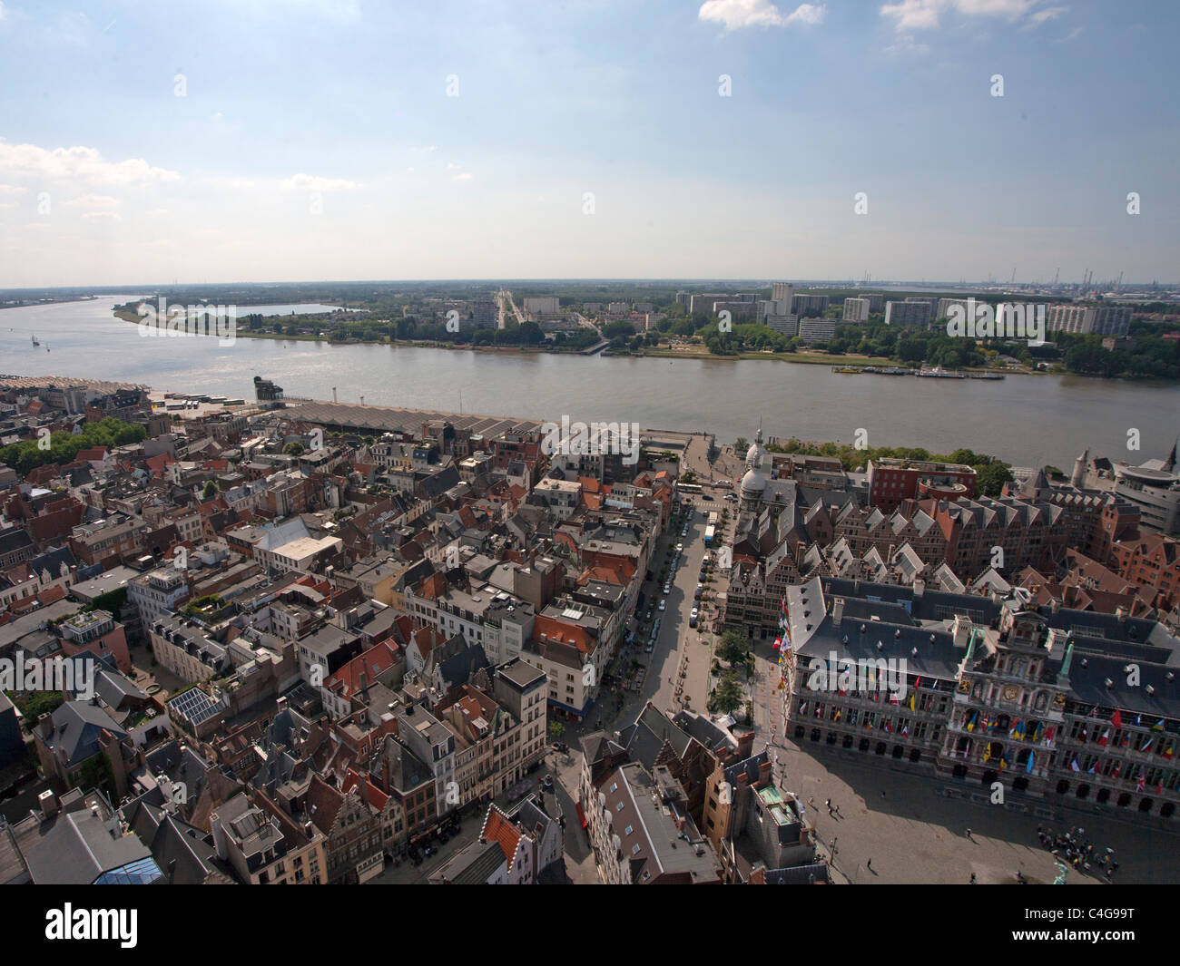 Antwerpen von Sky - Blick auf die Stadt Antwerpen Schelde Fluss anzeigen Stockfoto