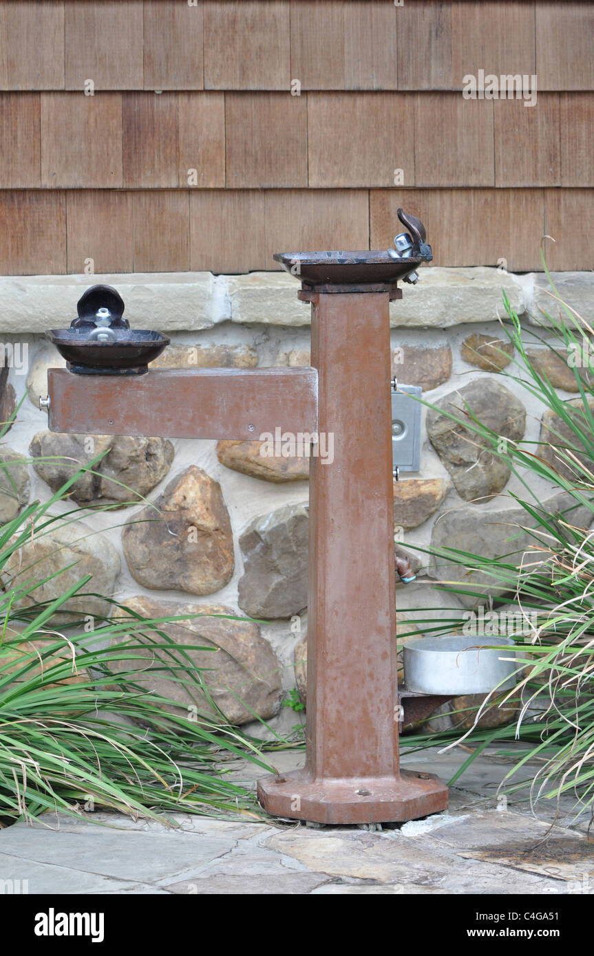 Kind, Erwachsener und Hund Wasser-Brunnen Stockfoto