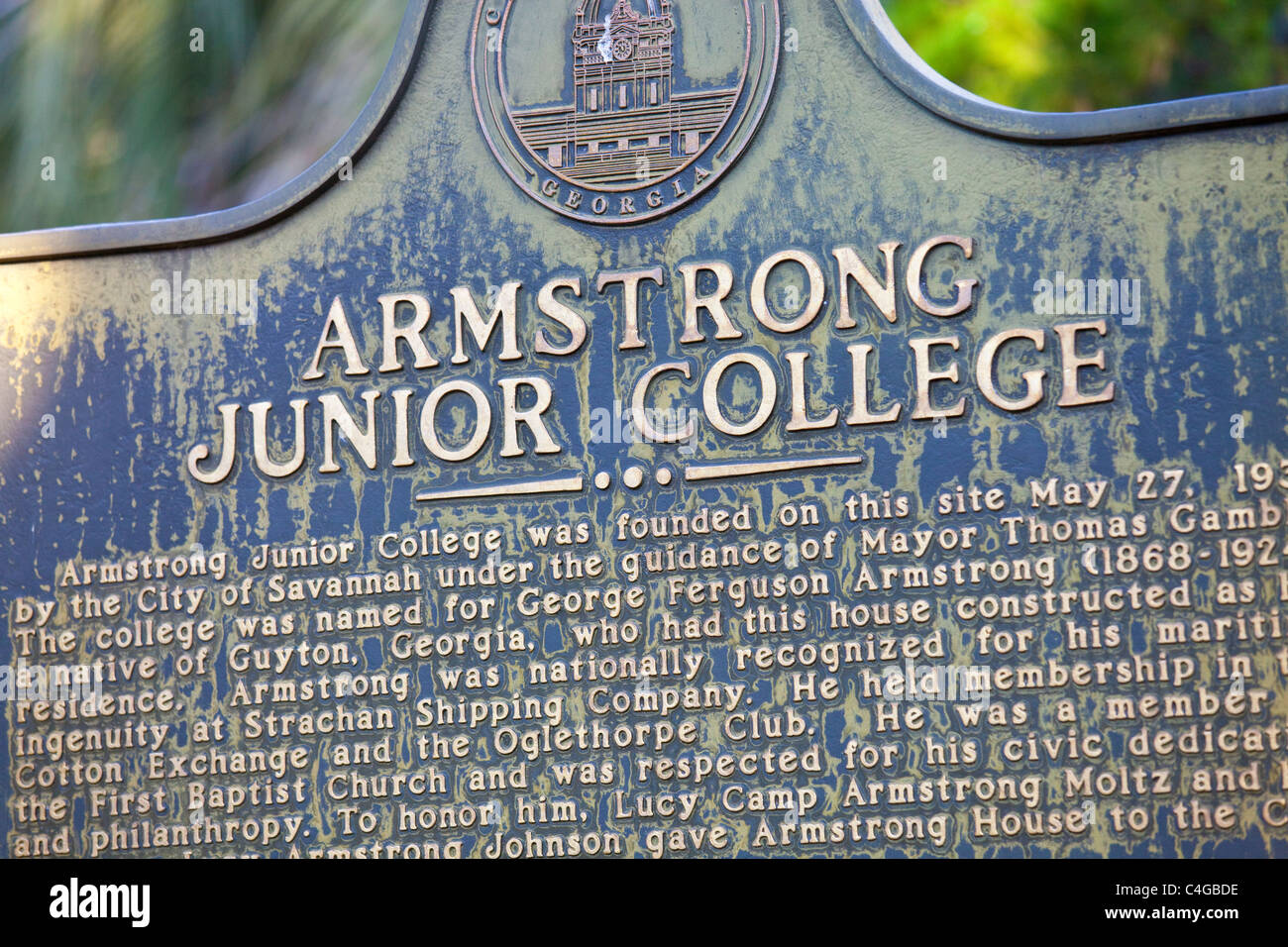 Gedenktafel für historische Armstrong Junior College, Savannah, Georgia Stockfoto