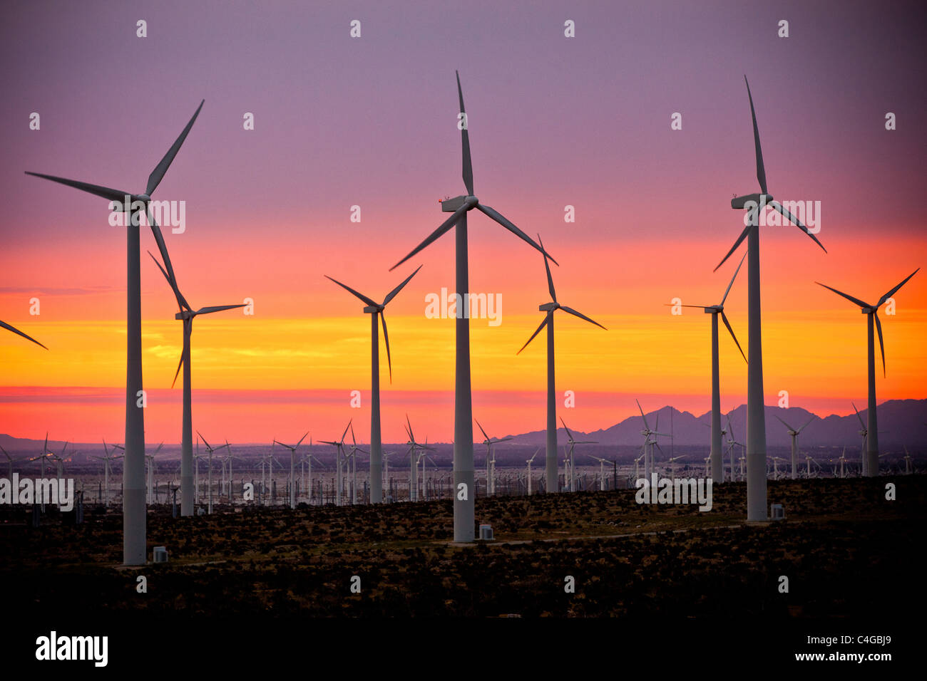 Sonnenuntergang über Windkraftanlagen an der San Gorgonio Pass Wind Farm außerhalb von Palm Springs, CA. Stockfoto