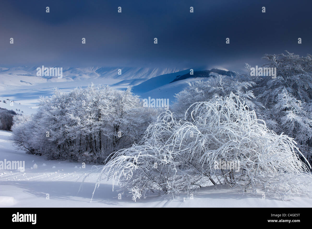 das Piano Grande im Winter, Nationalpark Monti Sibillini, Umbrien, Italien Stockfoto