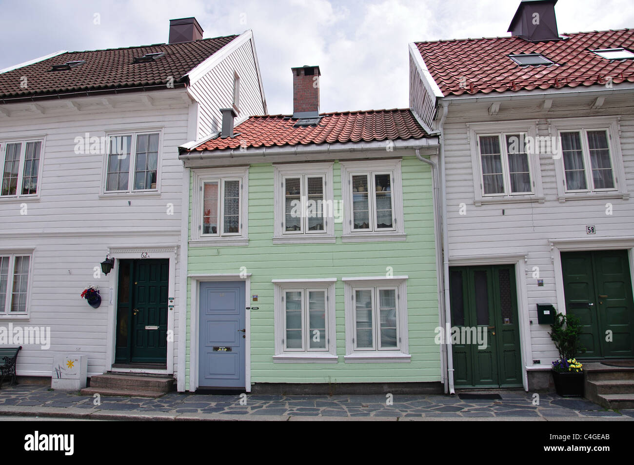 Alte Holzgebäude in Old Town District / Posebyen, Kristiansand (Christiansand), Agder County, Norwegen Stockfoto