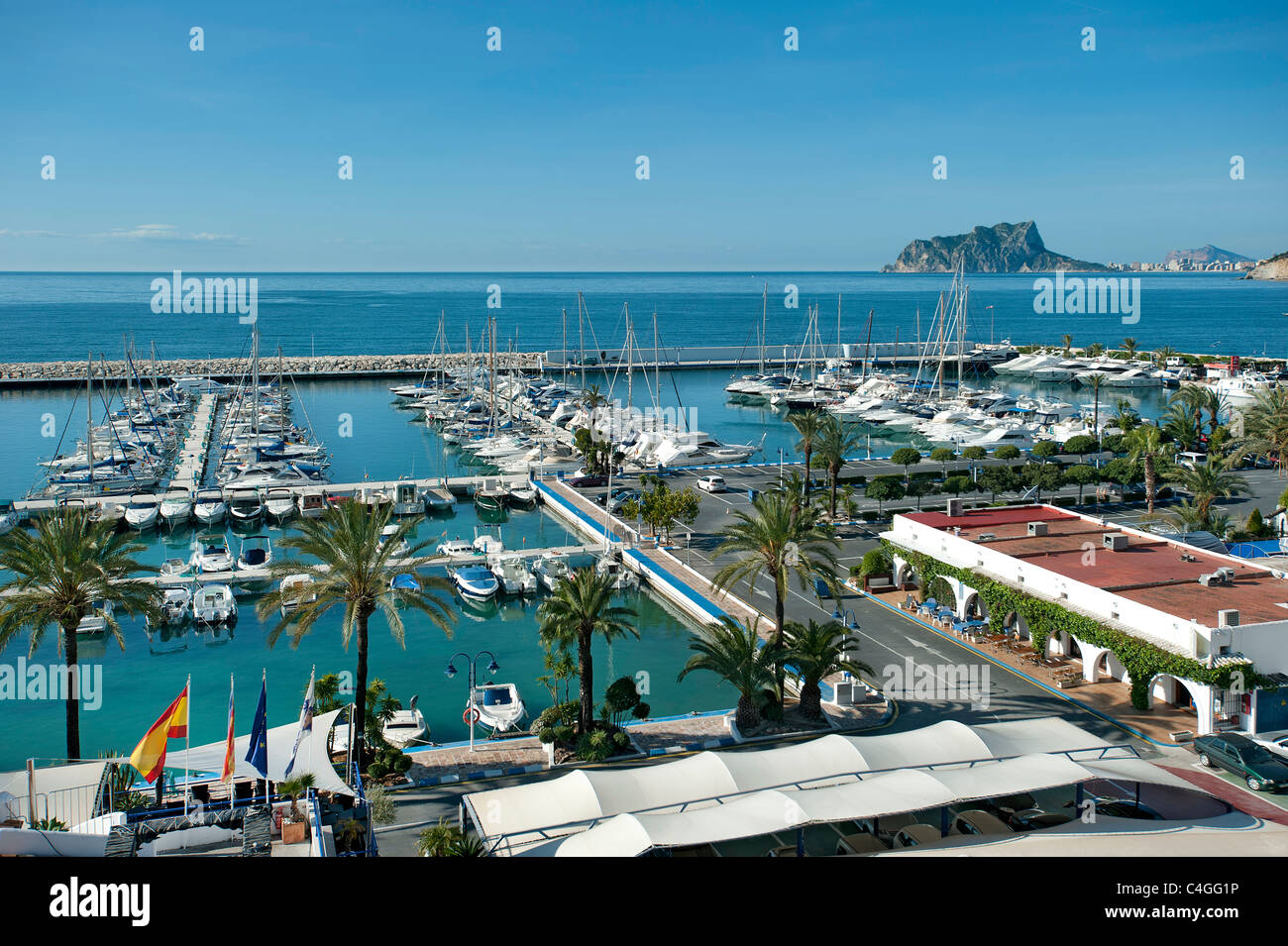 Überblick über Hafen, Moraira, Costa Blanca, Spanien Stockfoto