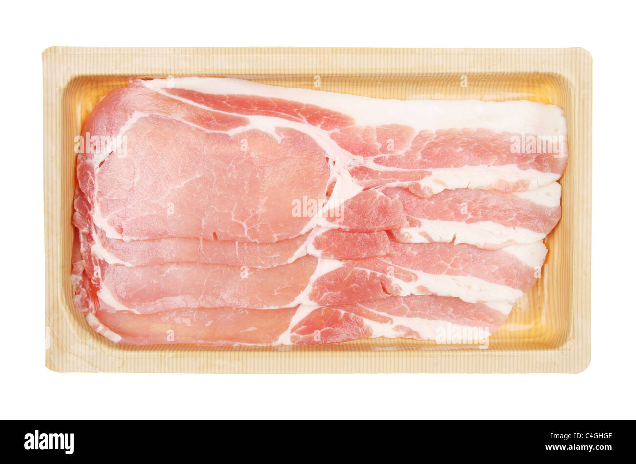 Bacon-Speck im Karton isoliert gegen weiß Stockfoto