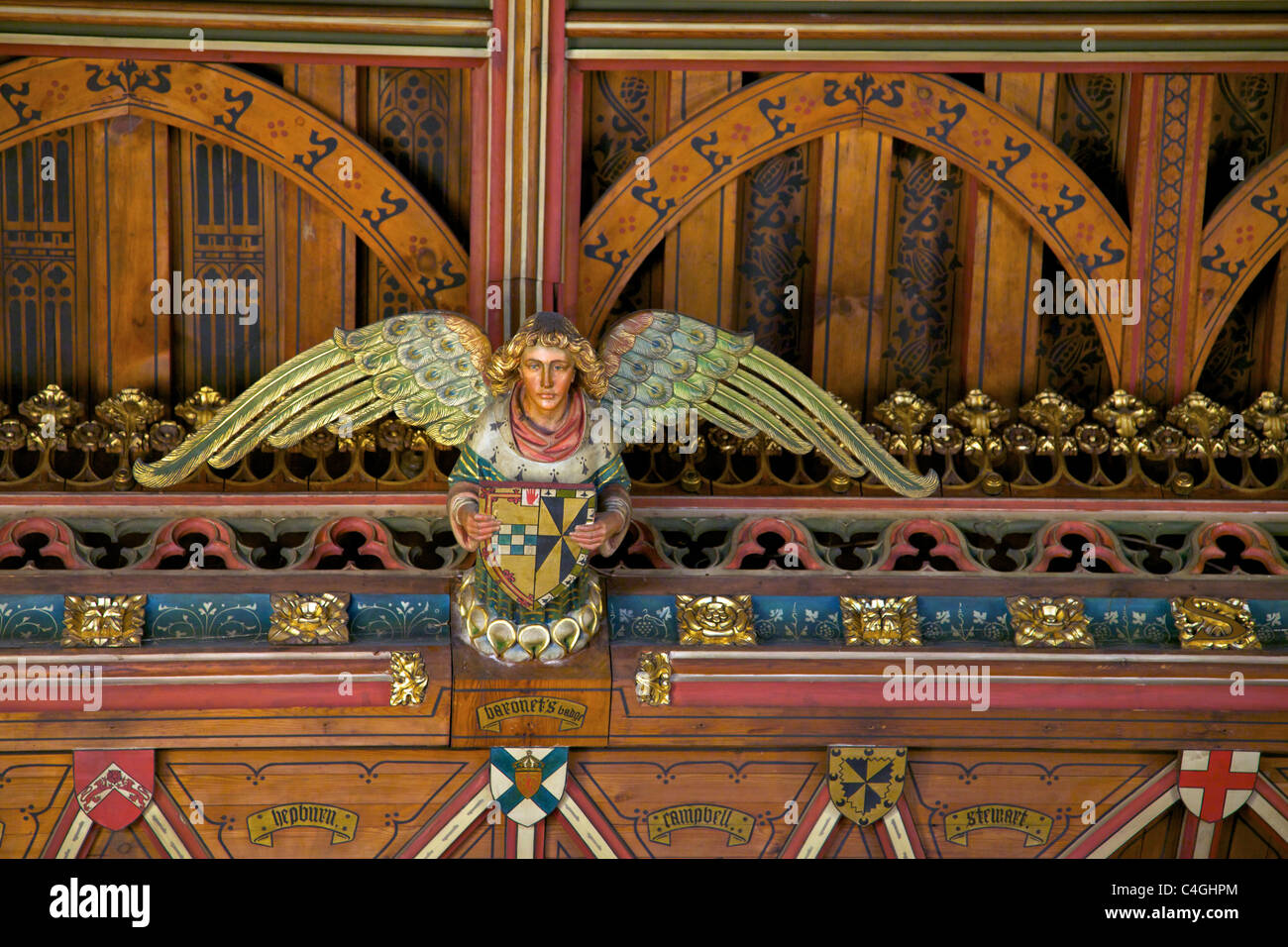 Bankett-Saal, Interieur eingerichtet Hölzer, viktorianischer Neogotik, Cardiff Castle, South Glamorgan Stockfoto