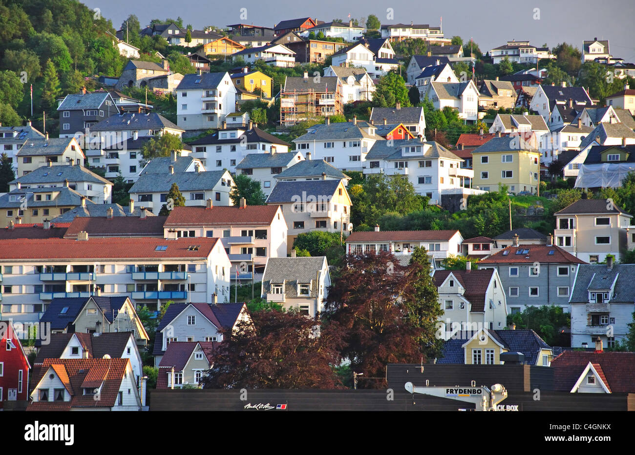 Häuser auf Hügeln, Bergen, Hordaland County, Vestlandet Region, Laksevag, Norwegen Stockfoto