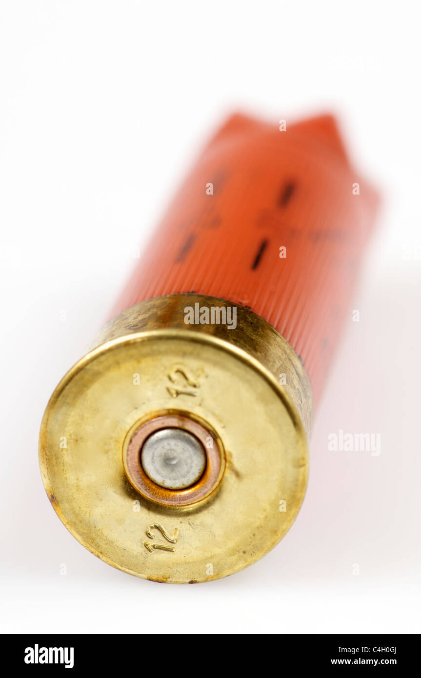 Spitze einer roten Shotgun Shell mit weißem Hintergrund Stockfoto