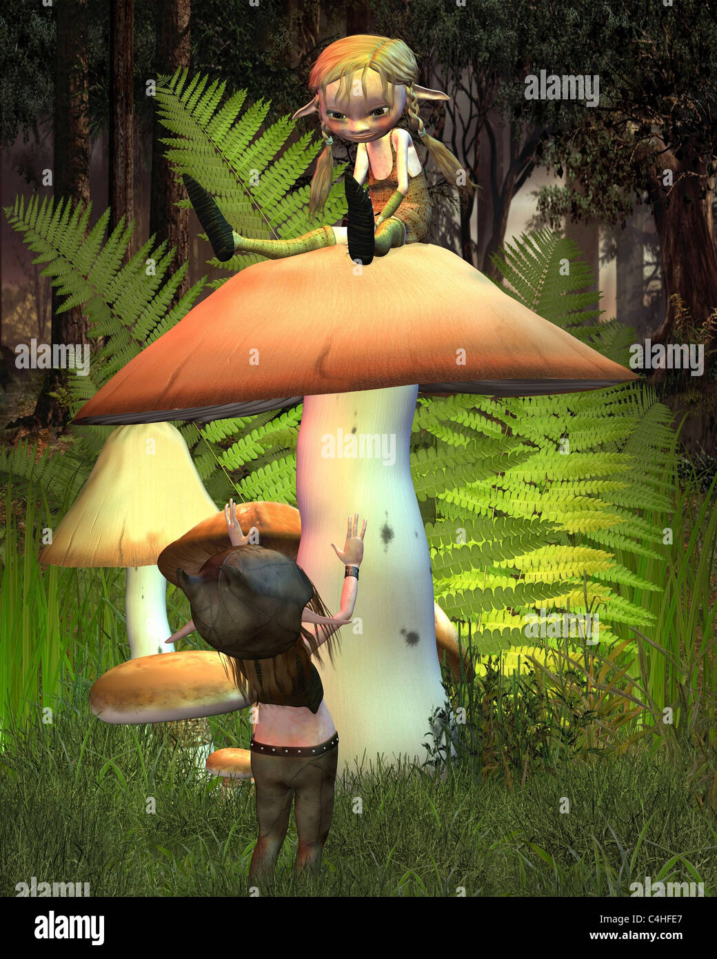 Zwei kleine Kobolde, die Wiedergabe auf einem Pilz in einer sonnigen Waldlichtung Stockfoto