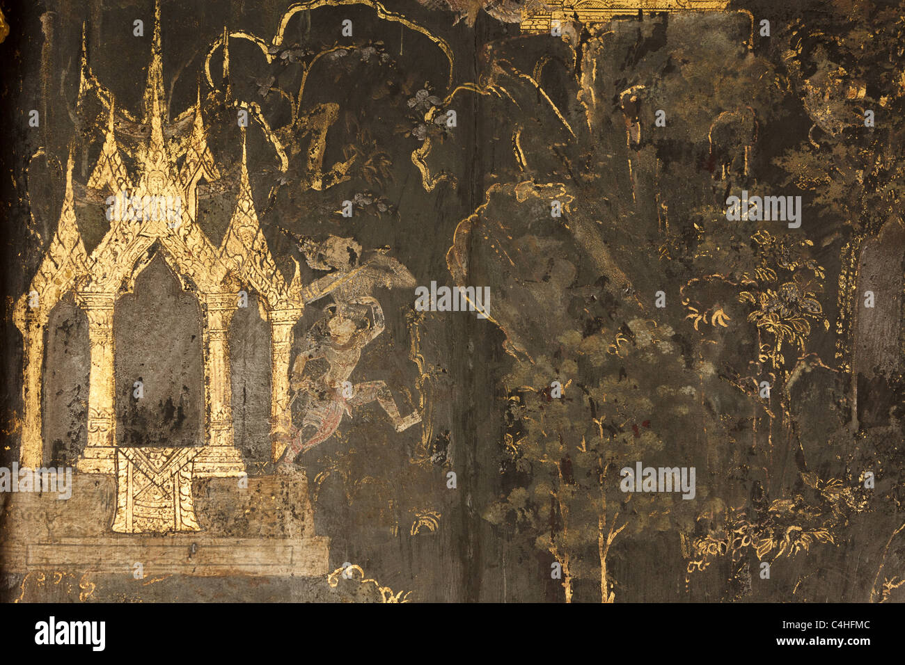 sehr alte und beschädigte buddhistischer Malerei auf Tempelmauer, Thailand Stockfoto