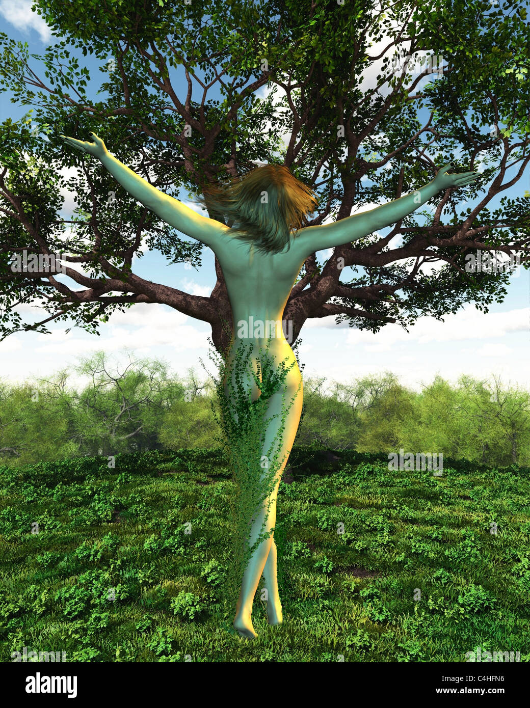 Dryade oder Baumnymphe mit ihrem Baum Stockfoto