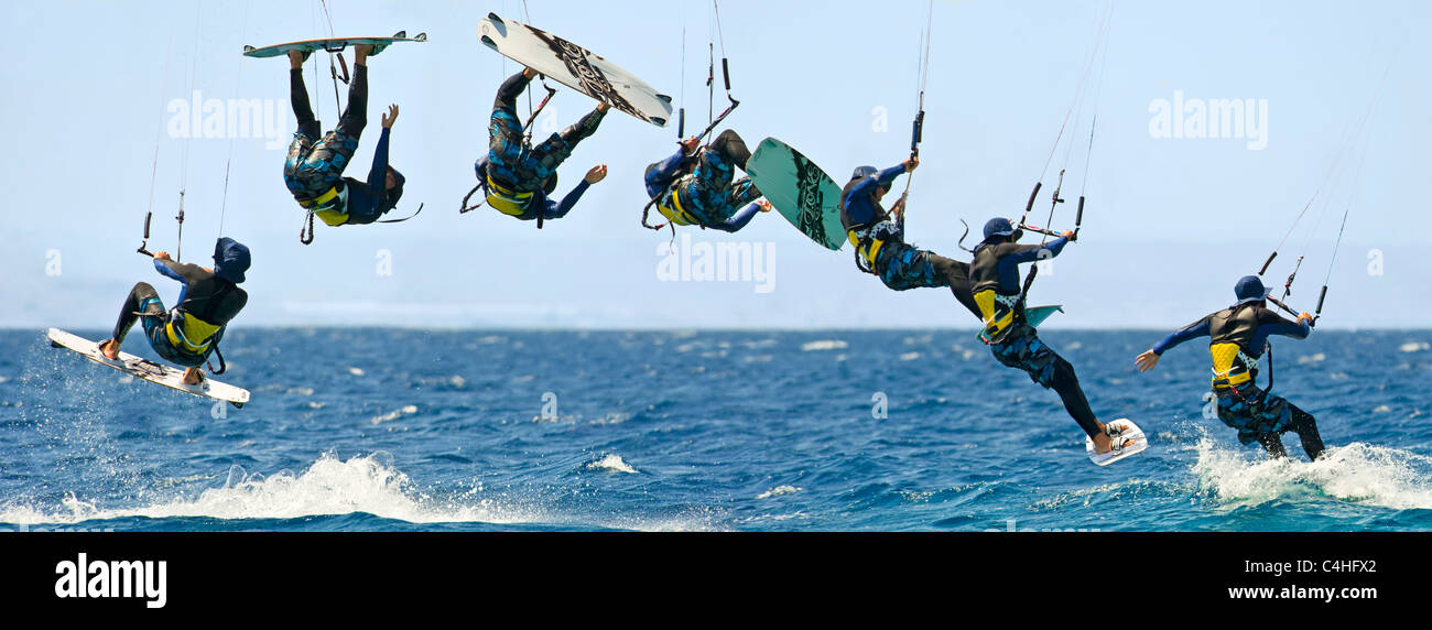 Eine sequenzielle 7 Bild-Ansicht zeigt die Bewegung der Kitesurfer in der Luft im Resort von Eilat in Israel. Stockfoto