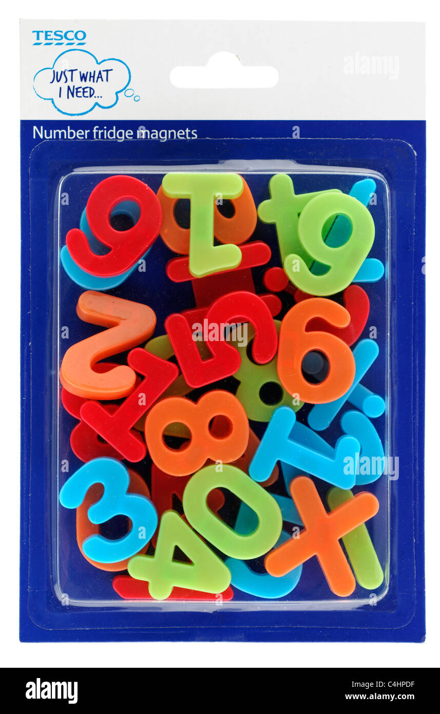 Paket von Tesco Just welche Nummer muss ich Kühlschrankmagnete Stockfoto