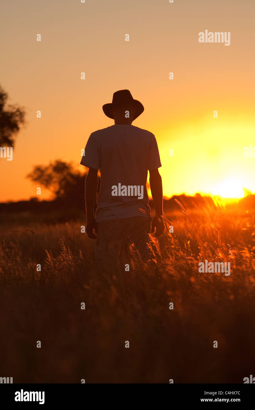 Ein Mann Walking in den Sonnenuntergang in Khutse Game Reserve, Botswana Stockfoto