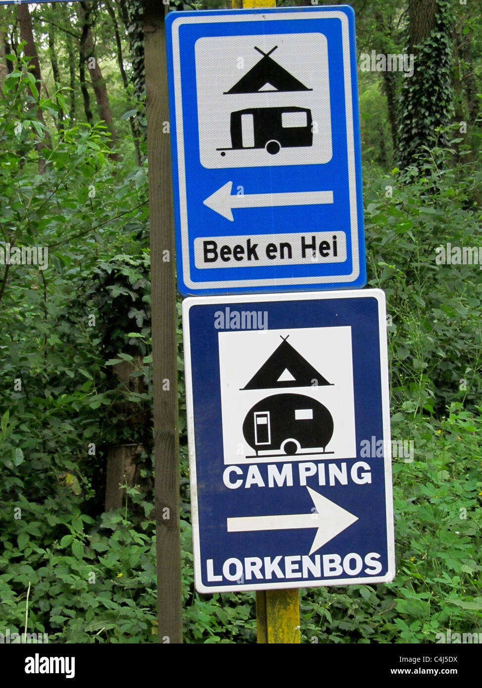 Wegweiser zu den einigen niederländischen Campingplätzen, Veluwe, Niederlande Stockfoto