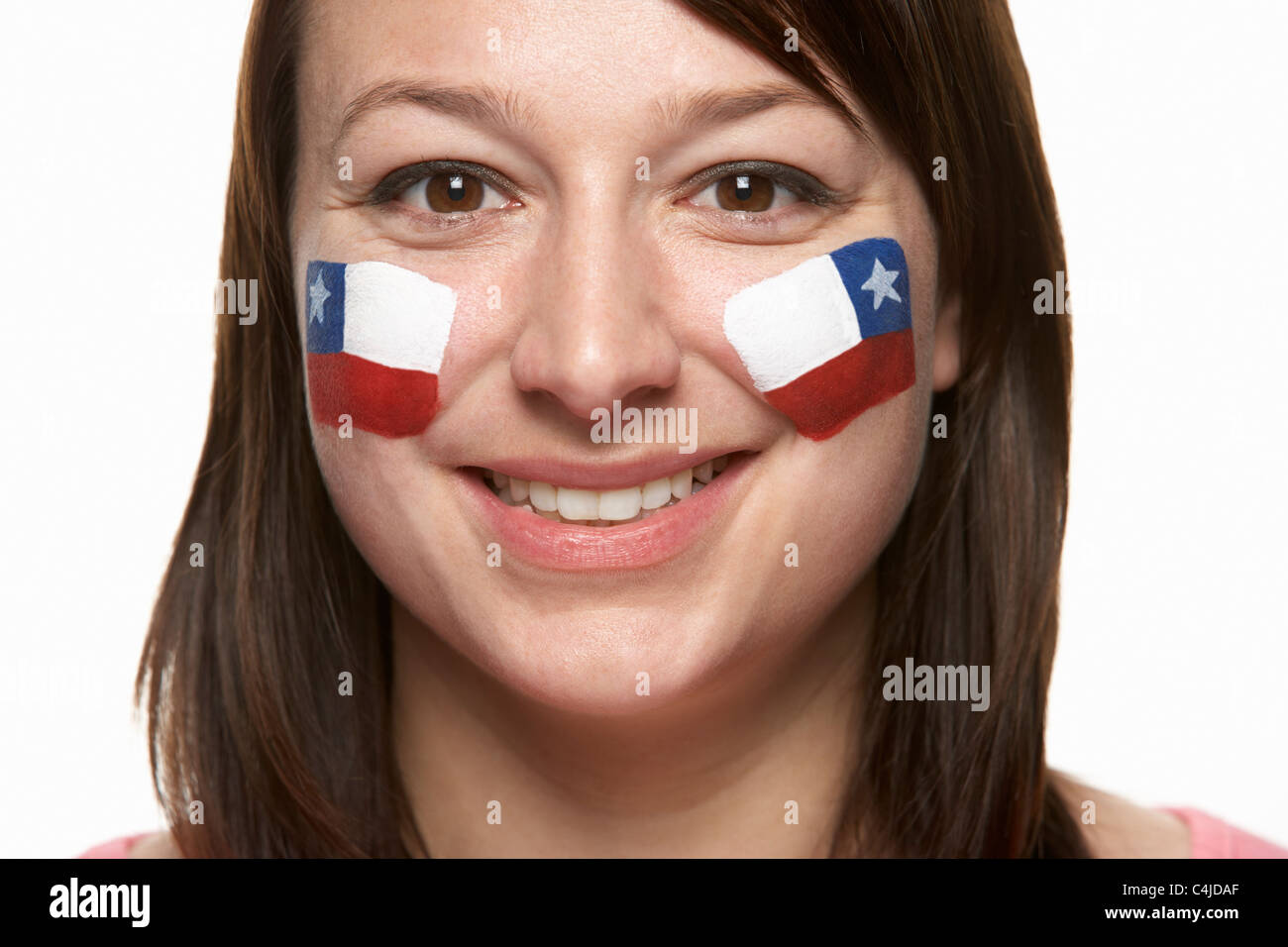 Junge weibliche Sportfan mit chilenische Flagge auf Gesicht gemalt Stockfoto
