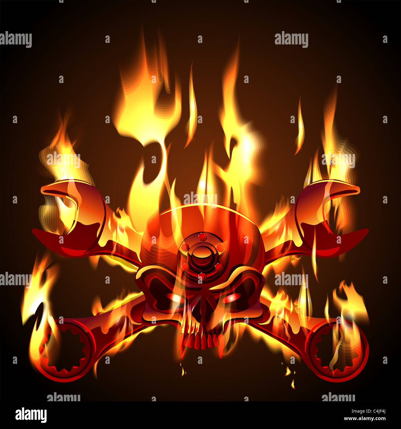 Metall Jolly Roger in Flamme Stockfoto