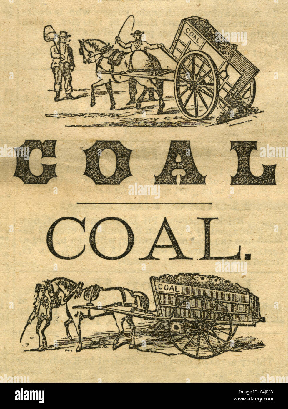 Zwei Jahre 1874 Pferd & Warenkorb Kohle Gravuren aus dem täglichen Whig & Kurier, Bangor, Maine. Stockfoto