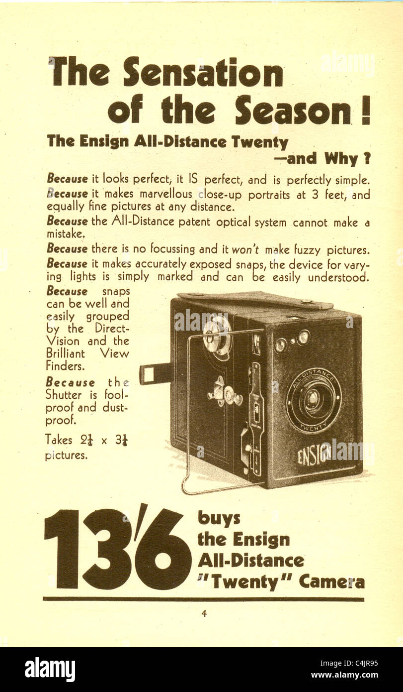 Werbung für die Ensign All-Distance 'Twenty' Camera 1928 Stockfoto