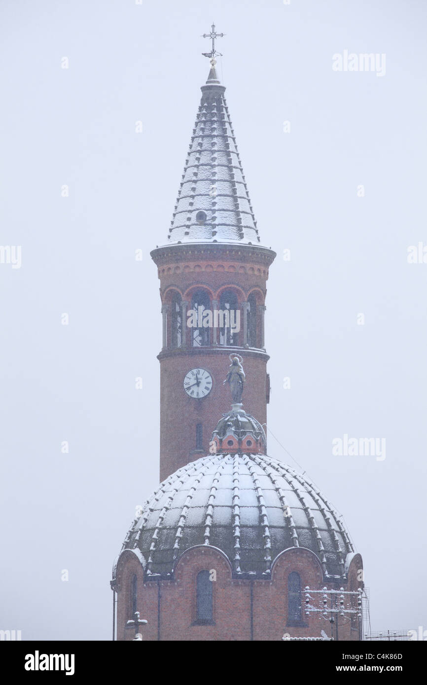 Vertikales ausgerichtetes Bild von Kirchenkuppeln bedeckt mit Schnee in Alba, Italien. Stockfoto