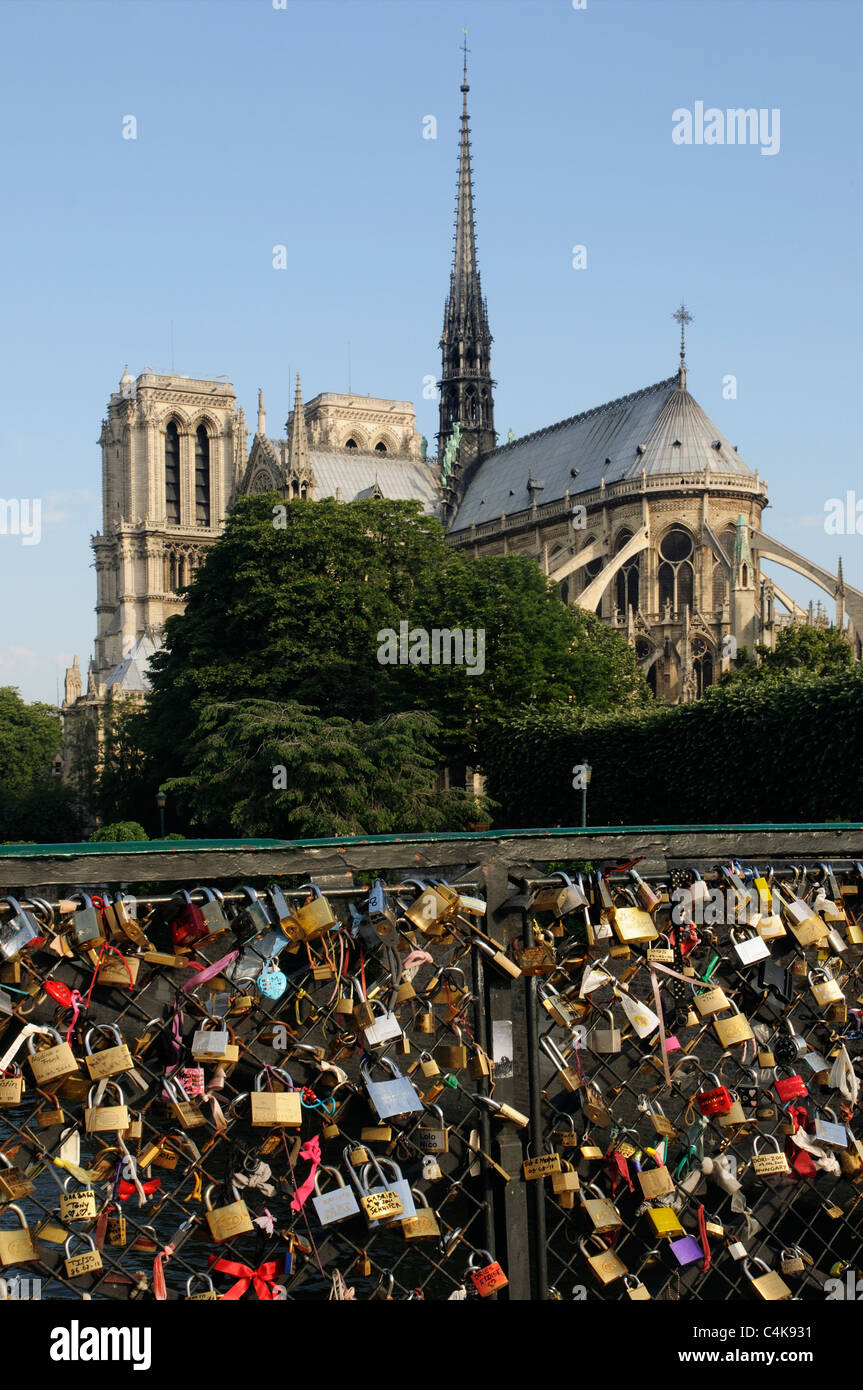 Liebesschlösser am Pont de L'Archeveque in Paris, Frankreich mit Notre Dame Stockfoto