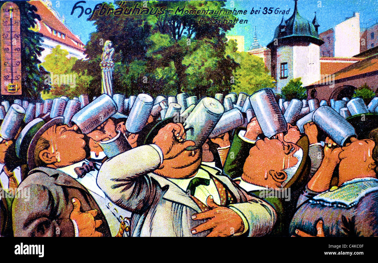 Anfang des 20. Jahrhunderts alte Ansichtskarte mit einer komischen Illustration einer Menschenmenge von deutschen Bier-Trinker Stockfoto