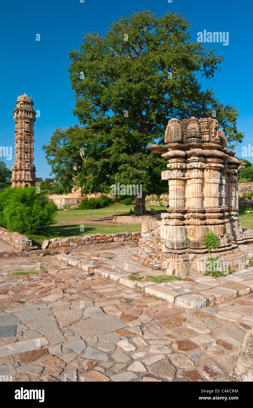 Die Jaya Stambha (Turm des Sieges), Chittorgarh (auch Chittor, Chittaur oder Chittaurgarh), Rajasthan Zustand, West-Indien, Asien Stockfoto