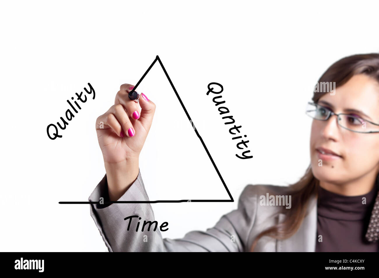 Business-Frau zieht das Dreieck, das die Qualität gegen Quantität Vs Zeit (Geld) Paradigma repräsentieren Stockfoto
