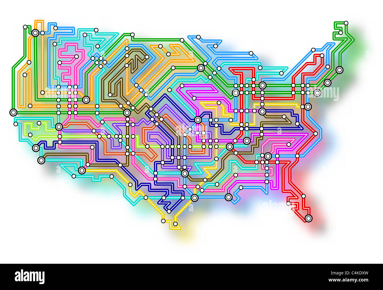 Karte der USA mit Farbe Schatten dargestellt Stockfoto