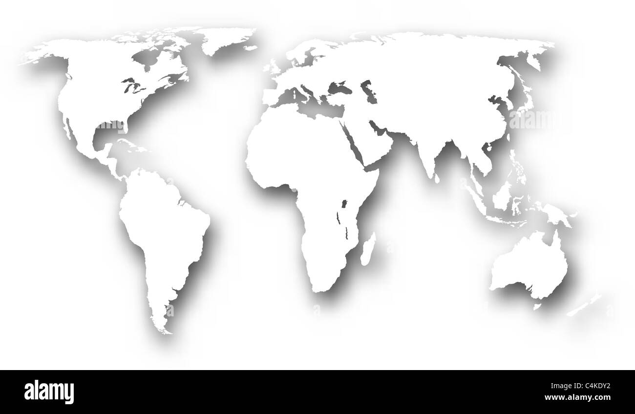 Abbildung einer weißen Weltkarte mit Schlagschatten Stockfoto