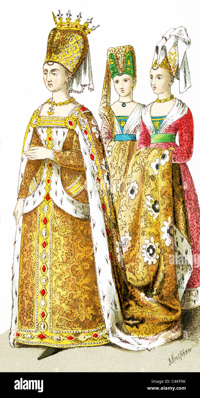 Die Zahlen repräsentieren die Französinnen um 1300. Sie sind Isabel von Bayern (Gemahl von Charles VI) und zwei Damen In warten. Stockfoto