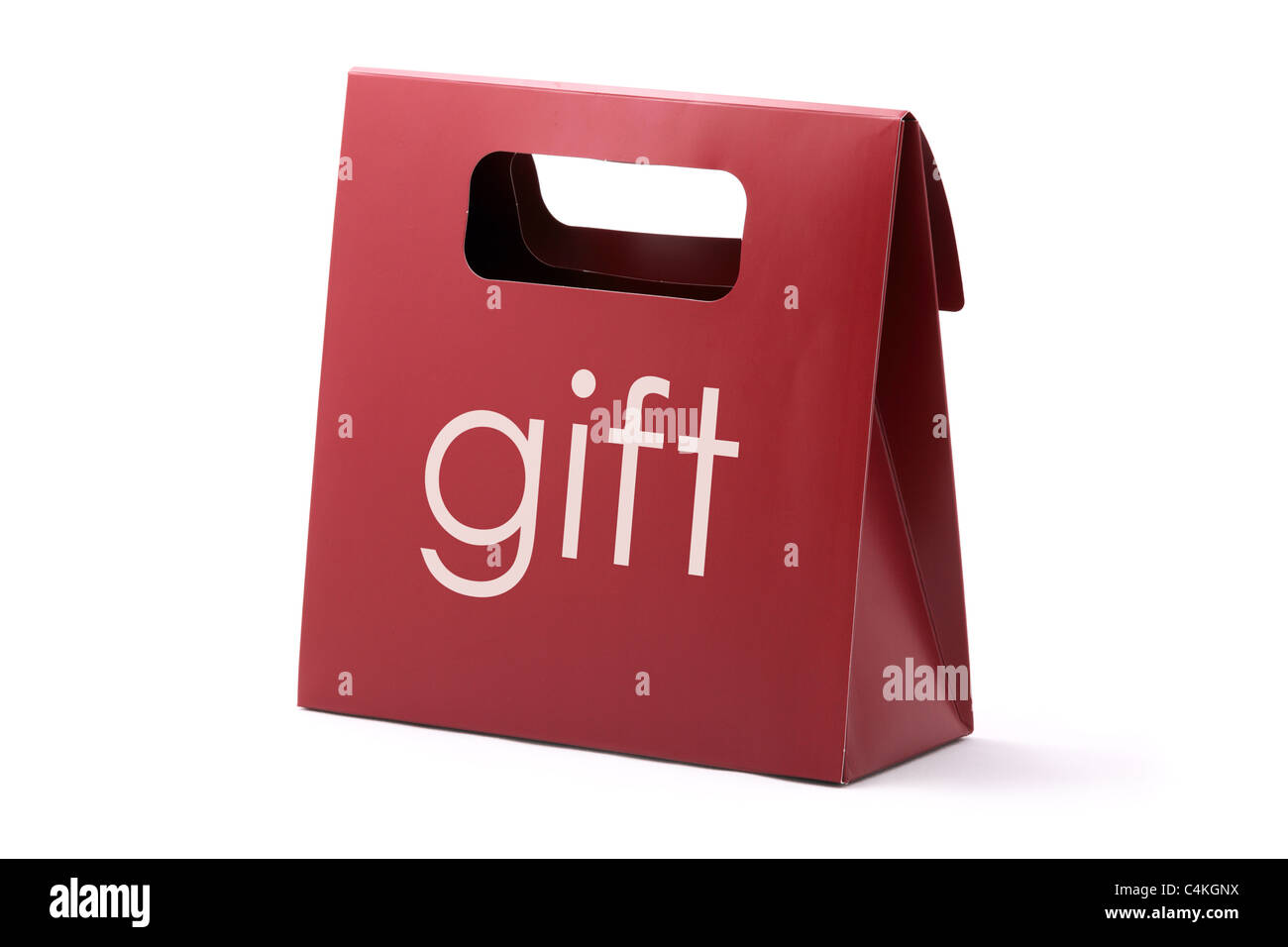 Rote Eleganz Karton Tasche mit Geschenk Wort isoliert auf einem weißen Hintergrund. Stockfoto
