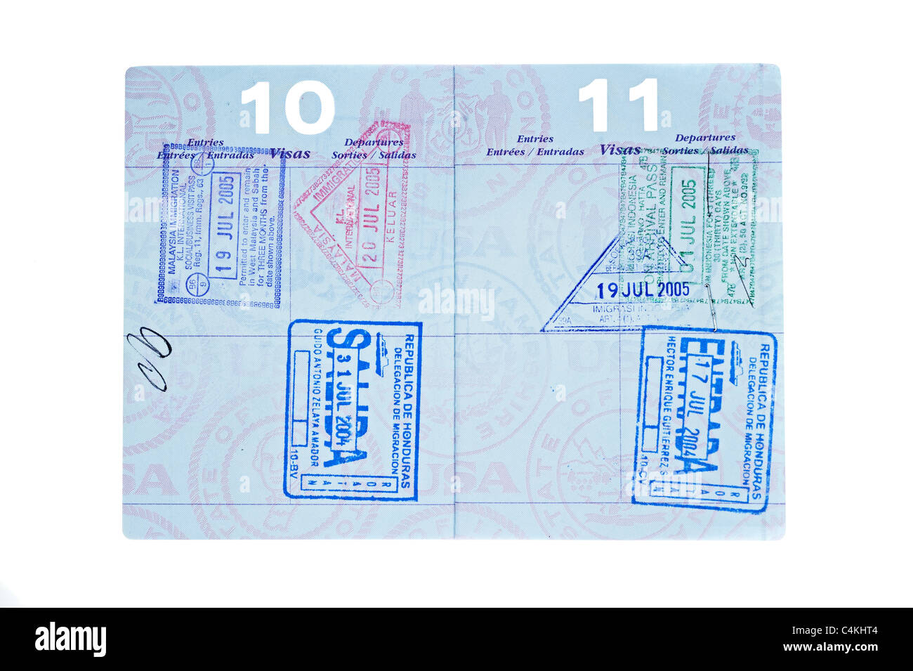 Eine gebrauchte Reisepass mit Visum Briefmarken aus Malaysia, Indonesien und Honduras. Stockfoto