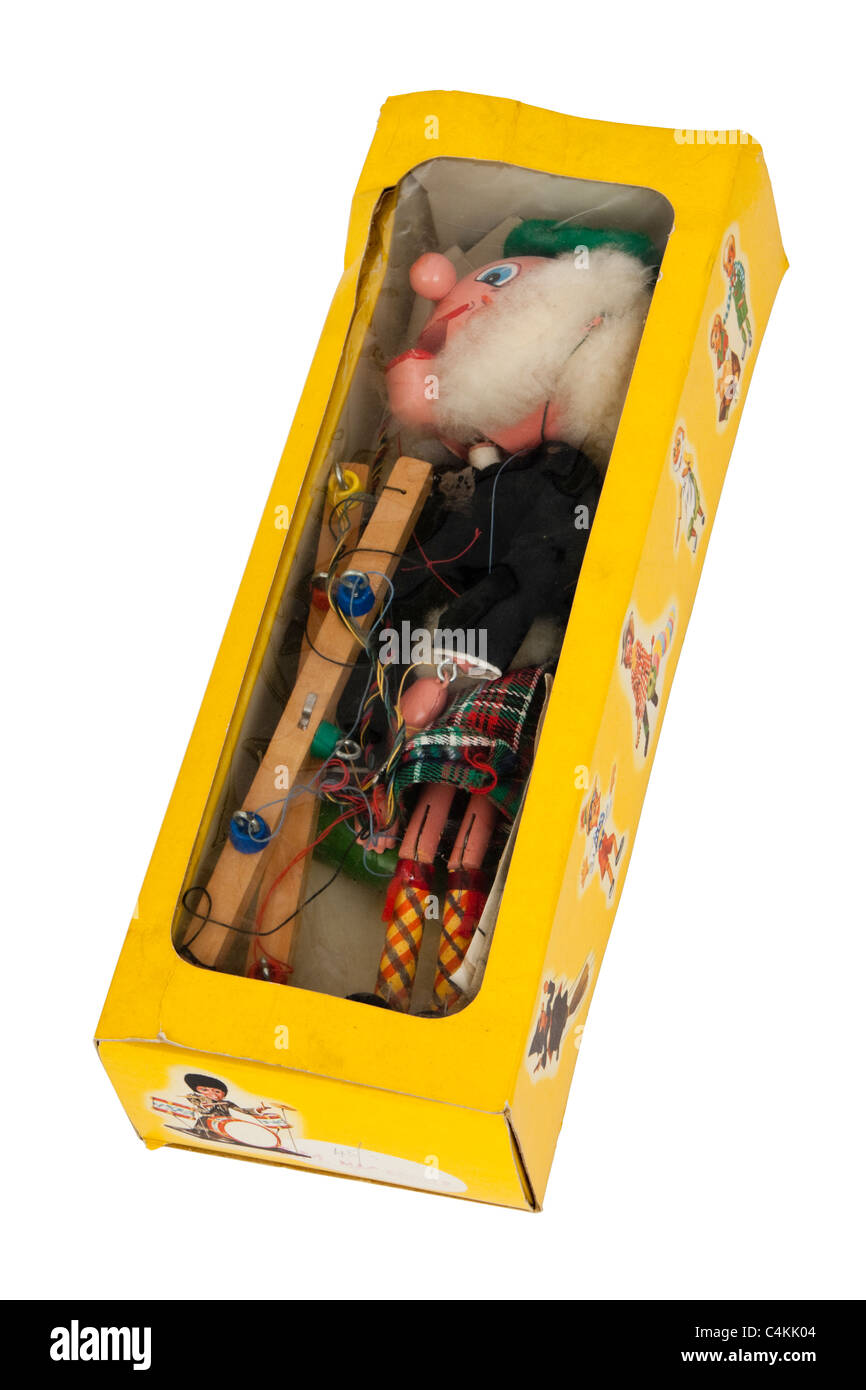 Jahrgang 1960 Pelham Marionetten Marionette in gelben Originalkarton Stockfoto