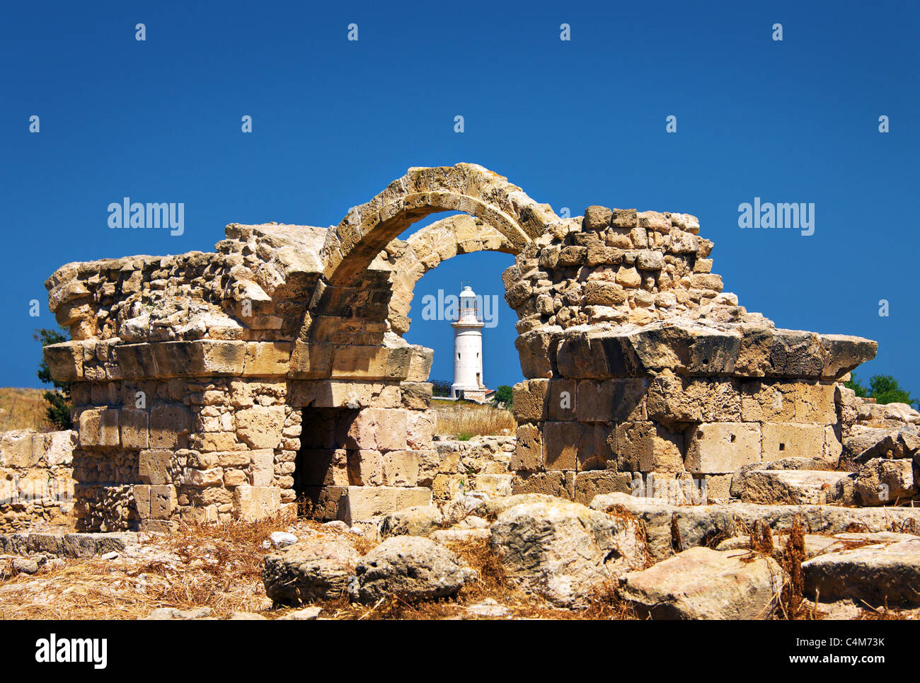 Byzantinische Burgruine am Sarantra Kolones, Leuchtturm von Paphos, archäologischer Park, Paphos, Paphos, Zypern Stockfoto