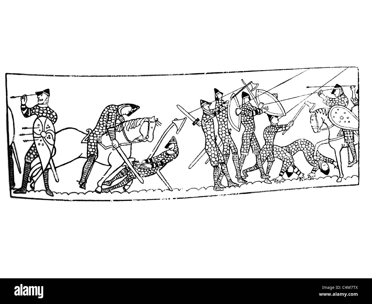 Holzschnitt von Bayeux Tapestry zeigt den Tod von König Harold an der Schlacht von Hastings Harold ziehen Pfeil aus seinem Auge Stockfoto