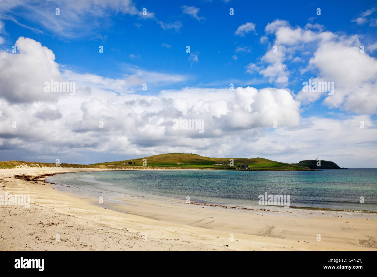 Blick über West Voe Sandstrand Sumburgh Head. Sumburgh, Shetland Inseln Festland, Schottland, Großbritannien Großbritannien. Stockfoto