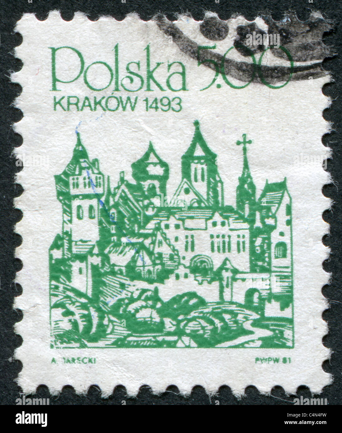 Polen 1981: Eine Briefmarke gedruckt in Polen, Holzschnitt Michael Wolgemut und Wilhelm Pleydenwurff von Schedels Weltchronik Stockfoto