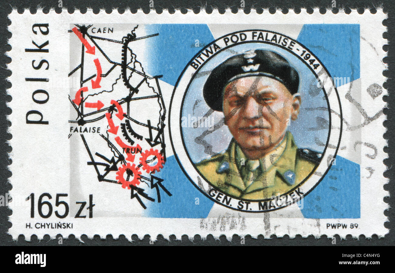 Polen 1989: Eine Briefmarke gedruckt in der polnischen ist Schlacht von Falaise, General Stanislaw Maczek dargestellt Stockfoto