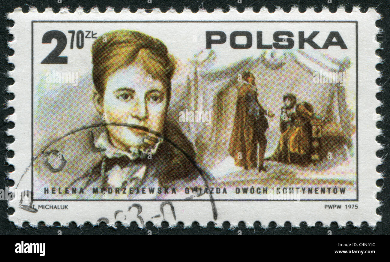Polen 1975: Eine Briefmarke gedruckt in Polen, zeigt Schauspielerin Helena Modjeska (Modrzejewska) und eine Szene von Shakespeare Stockfoto
