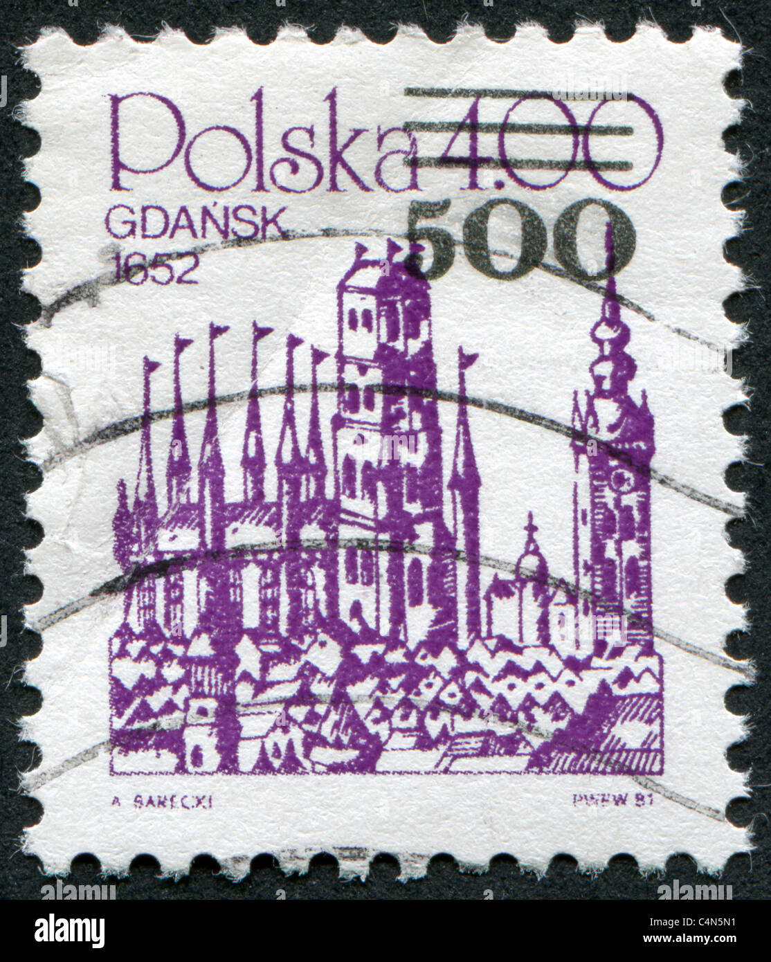 Polen 1981: Eine Briefmarke gedruckt in Polen, ist abgebildeten Gdansk (Danzig) im Jahre 1652, Kupfer Johannes Bass (Aufdruck 1989) gravieren Stockfoto