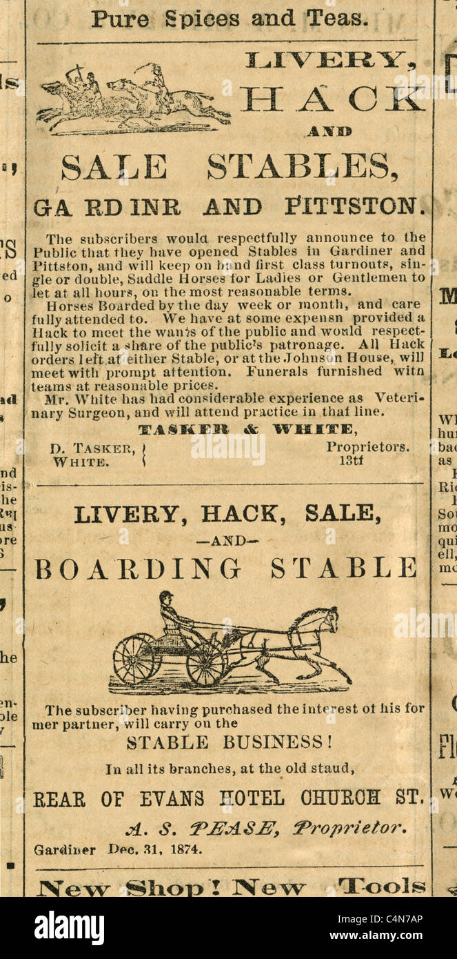 1875-Gravuren oder zwei Livree Hack Ställe Werbung aus den Kennebec Reporter Gardiner, Maine, USA. Stockfoto
