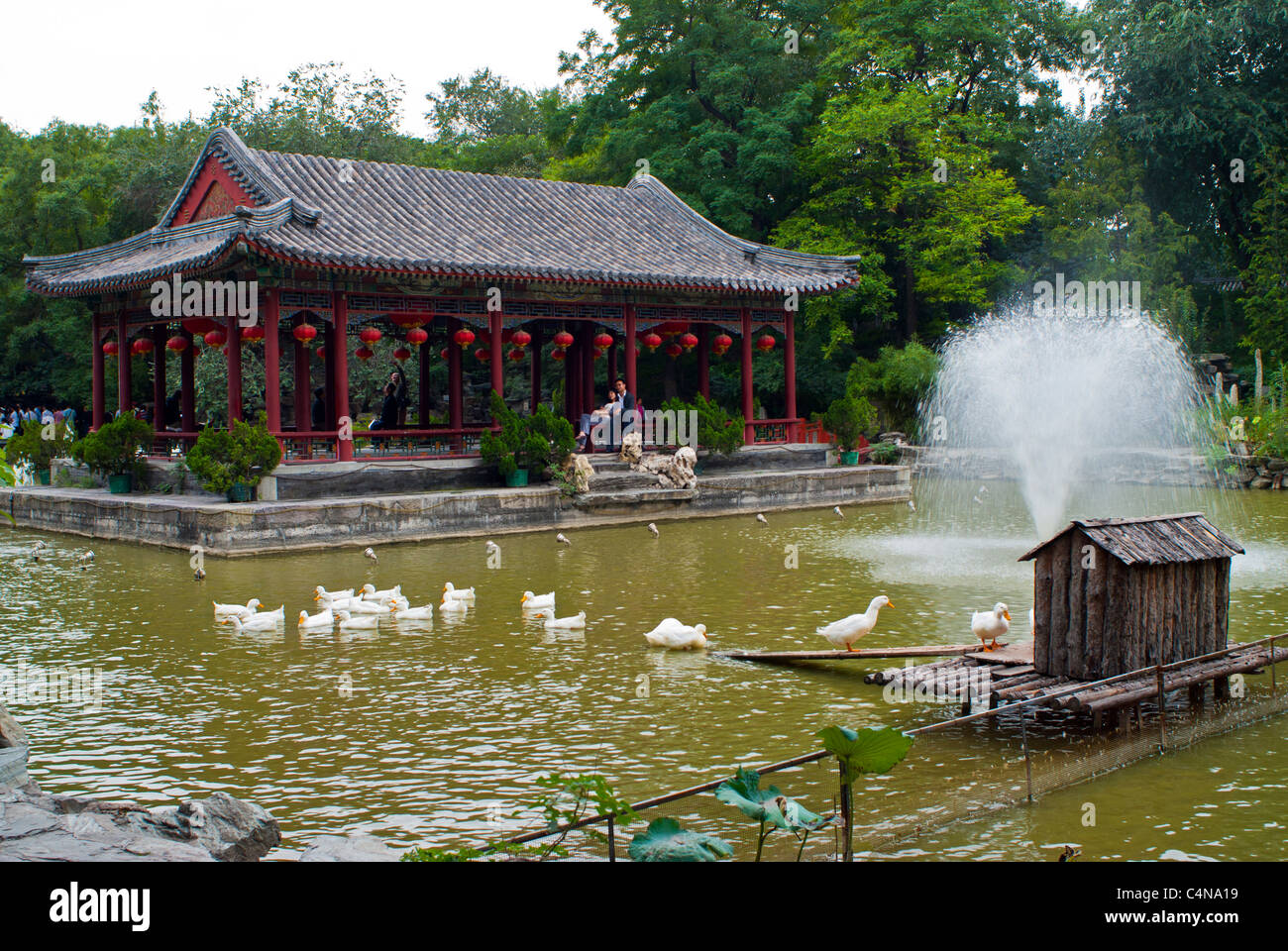 Peking, China, Panoramablick, lokaler traditioneller chinesischer Tempel im Park mit Teich Stockfoto