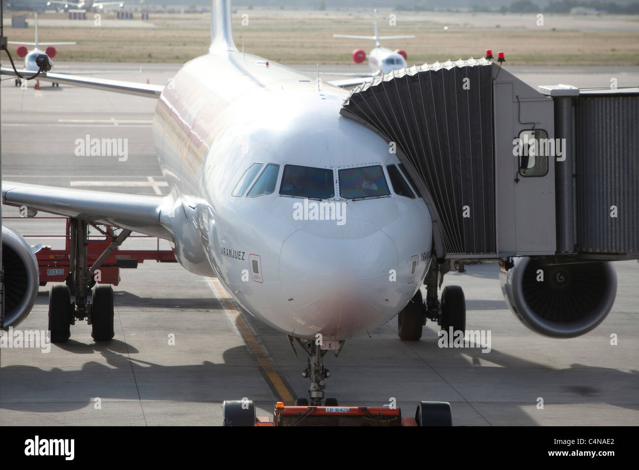 Flugzeug Flug Transport Voyager Spaniens Iberia Landebahn Stockfoto