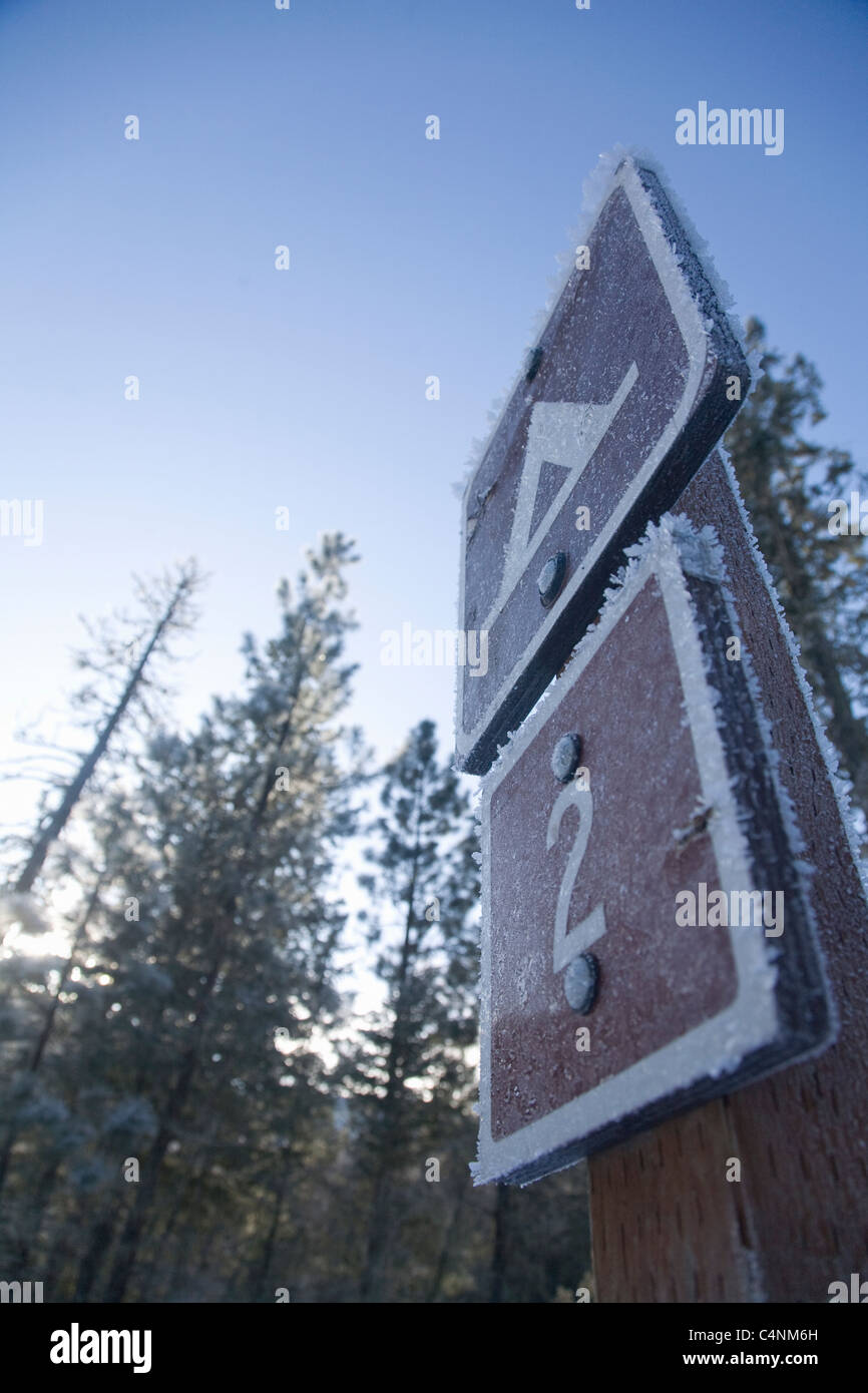 Forest Service Zeichen im Winter Rock Creek, Montana Stockfoto